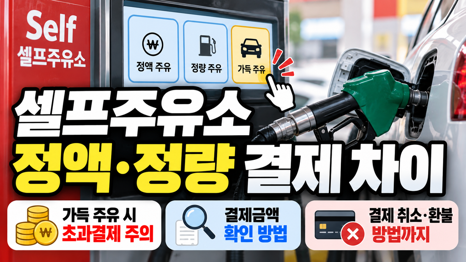 셀프주유소 정액 정량 결제 차이와 가득 주유 시 초과결제 주의사항 및 환불 방법 안내 이미지