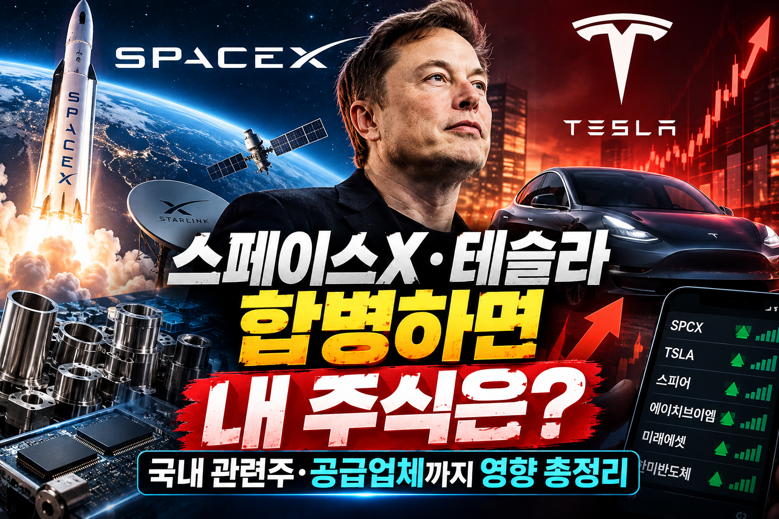 스페이스X 테슬라 합병 검토와 합병 장단점, 국내 관련주 스피어 에이치브이엠 등 공급업체 주식 영향