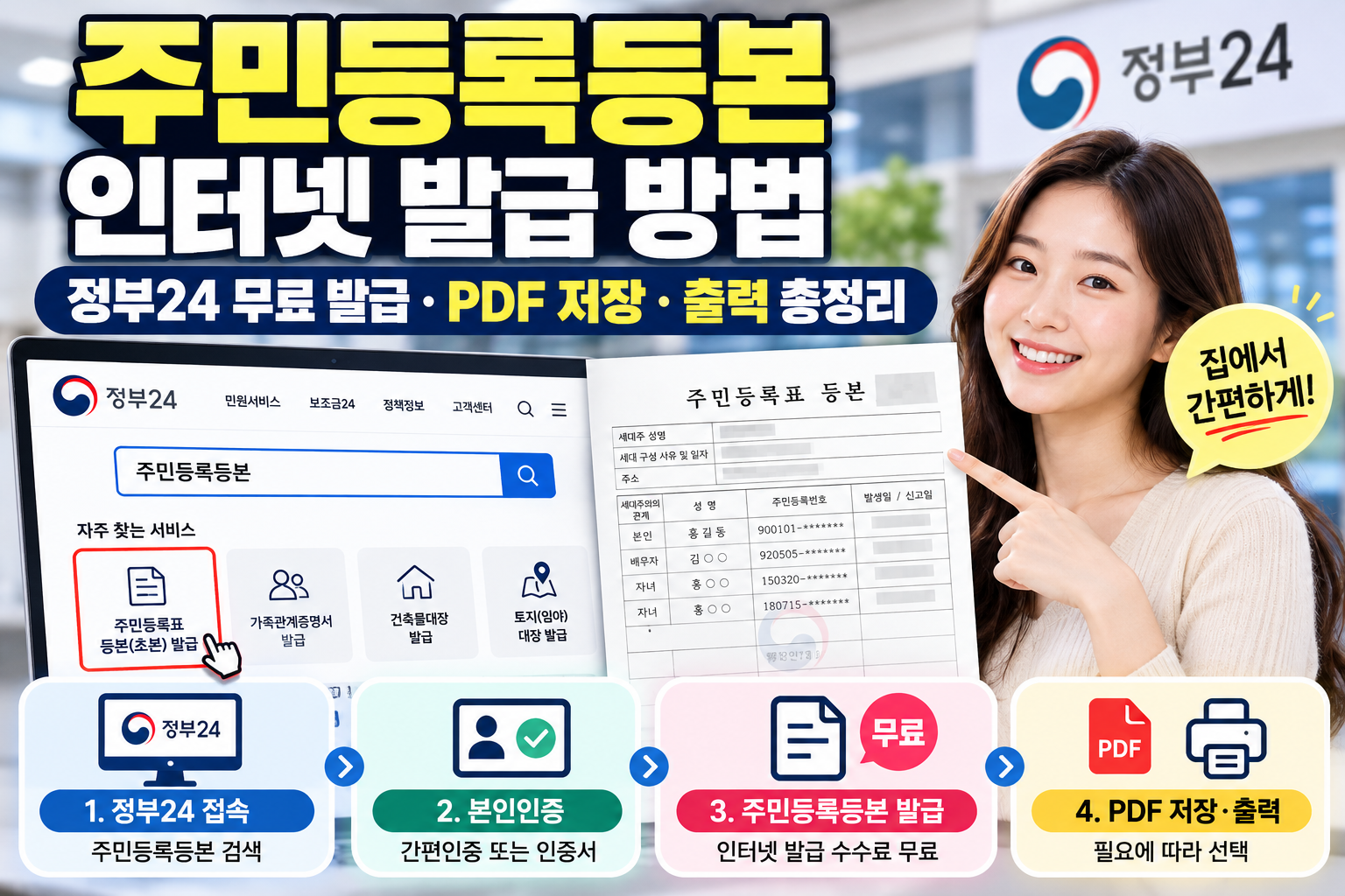 주민등록등본 인터넷 발급 방법 정부24 무료 발급 PDF 저장 및 프린터 출력 안내